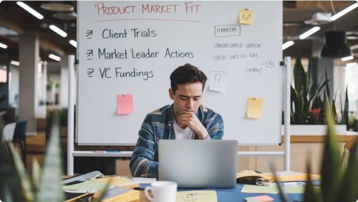 A young man analyzing product market fit strategies at a desk with a laptop, notes, and a whiteboard in the background.