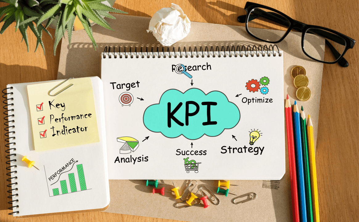 KPI diagram illustrating key performance indicators with target, research, analysis, and strategy elements on a notepad.