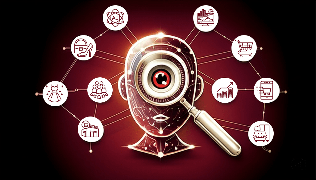 Graphic representation of a human head with a magnifying glass and various icons related to AI search.