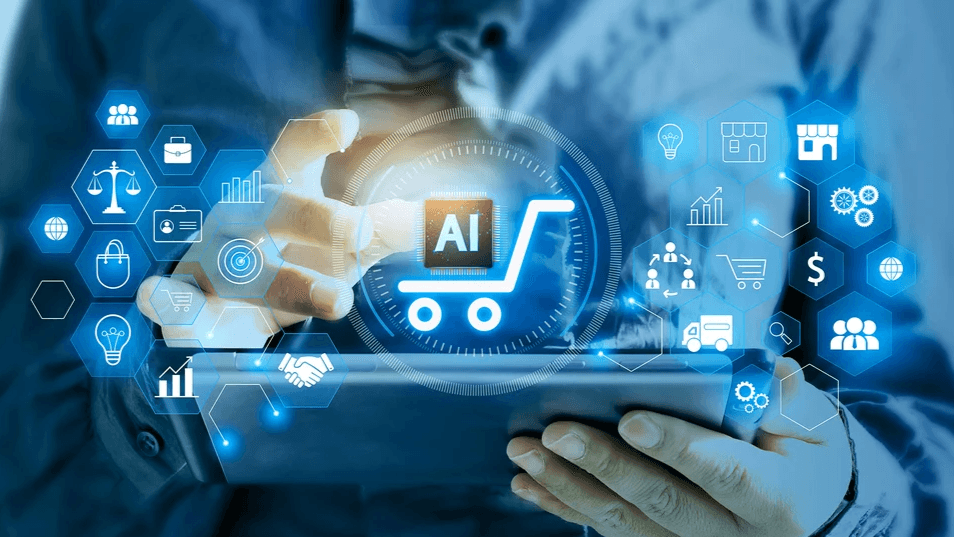 Individual interacting with a tablet displaying AI shopping cart icons and various e-commerce symbols.