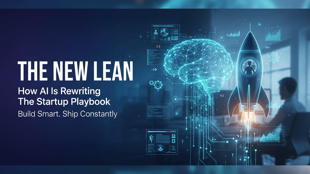 Graphic illustrating AI concepts with a brain and rocket, titled 'The New Lean'.