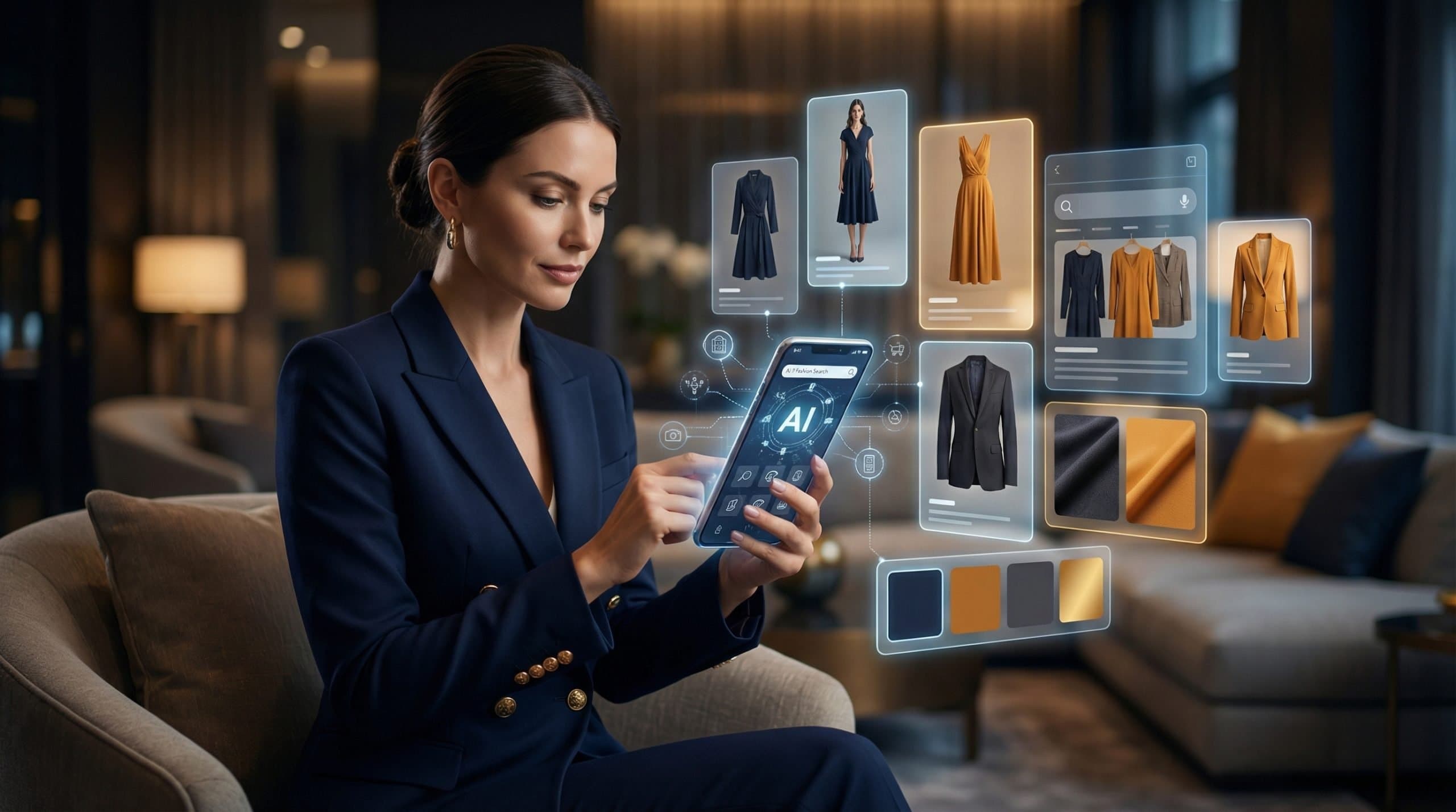 Navy-blue suited woman using a smartphone with holographic AI fashion cards floating around, showing dresses and fabrics in a futuristic, fashion-forward scene.