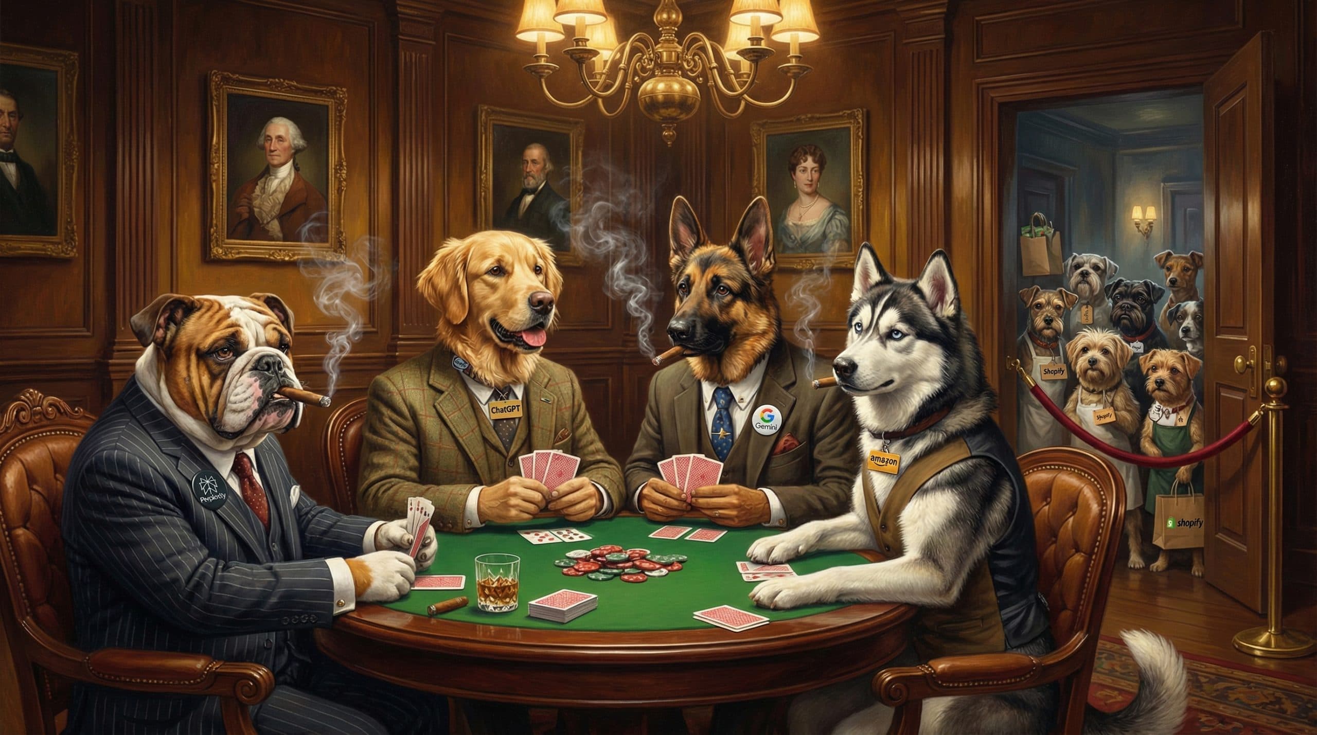 Four dogs in tailored suits sit around a green card table in a dark wood-paneled room. One dog wears a ChatGPT badge, another shows a Gemini logo, and a Perplexity pin is visible; steam curls from cigars as portraits line the walls.