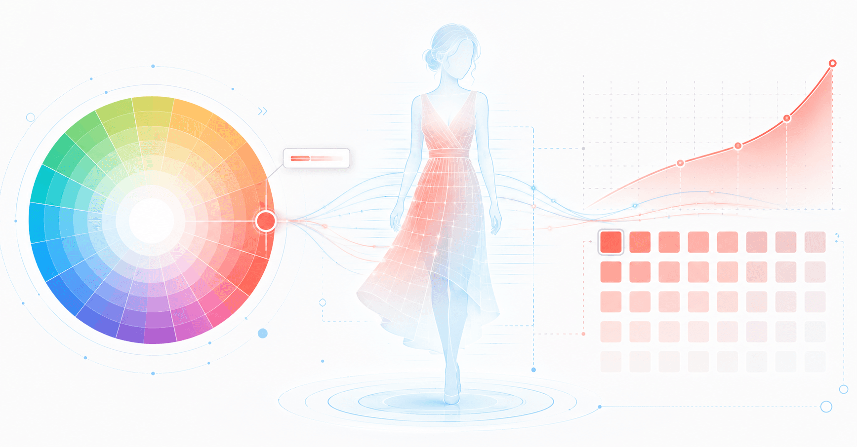 A translucent dress silhouette stands between a color wheel, shade swatches, and rising analytics lines.