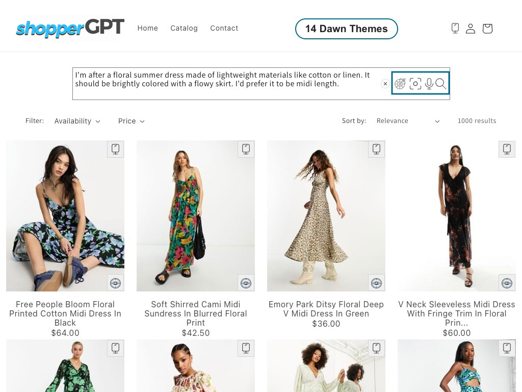Natural language search for a floral summer dress in a Dawn storefront
