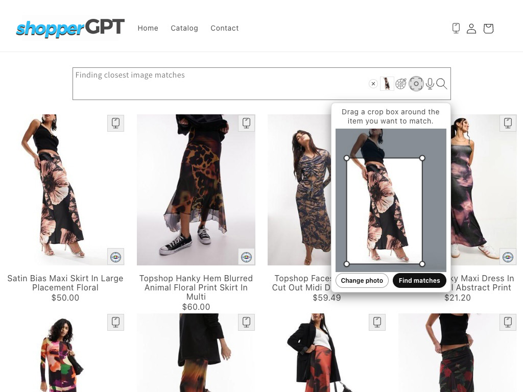 Photo crop selection for finding a floral skirt in the merchant catalog