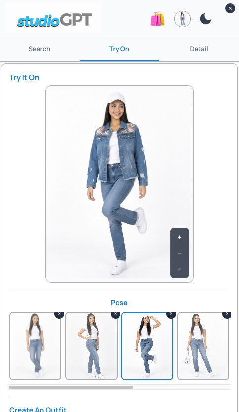 Mobile virtual try-on showing the denim jacket on an avatar with selectable poses