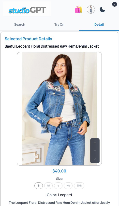 Mobile product details for the denim jacket showing its price, sizes and color