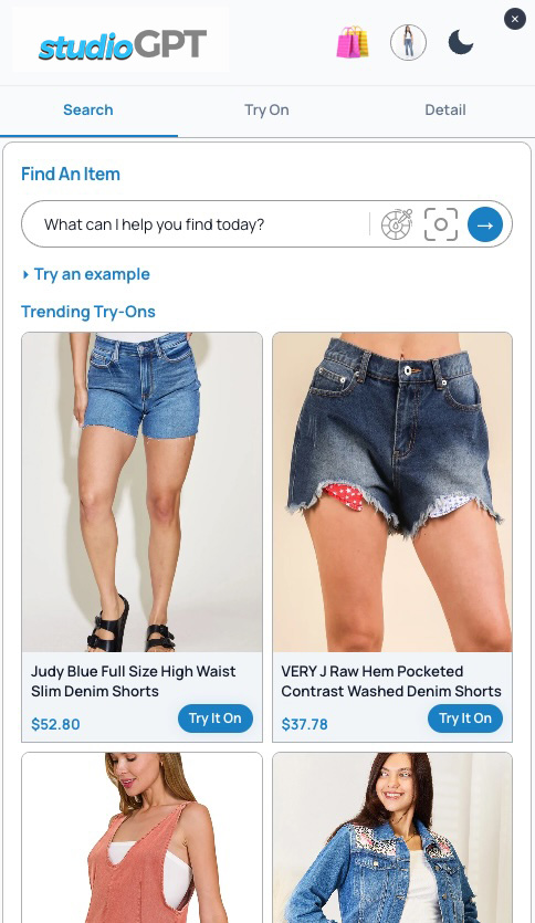 Mobile studioGPT search tab showing fashion product cards with Try It On buttons