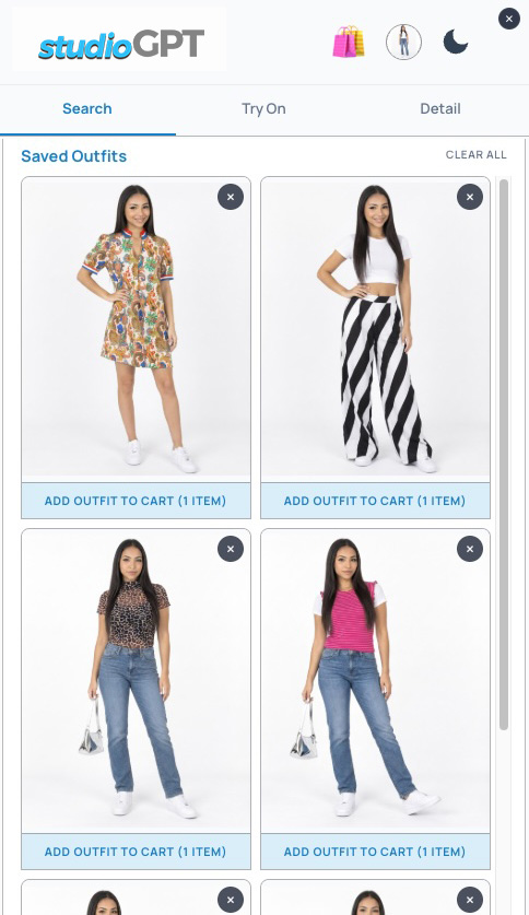 Mobile Saved Outfits gallery showing previously composed looks with Add Outfit to Cart buttons