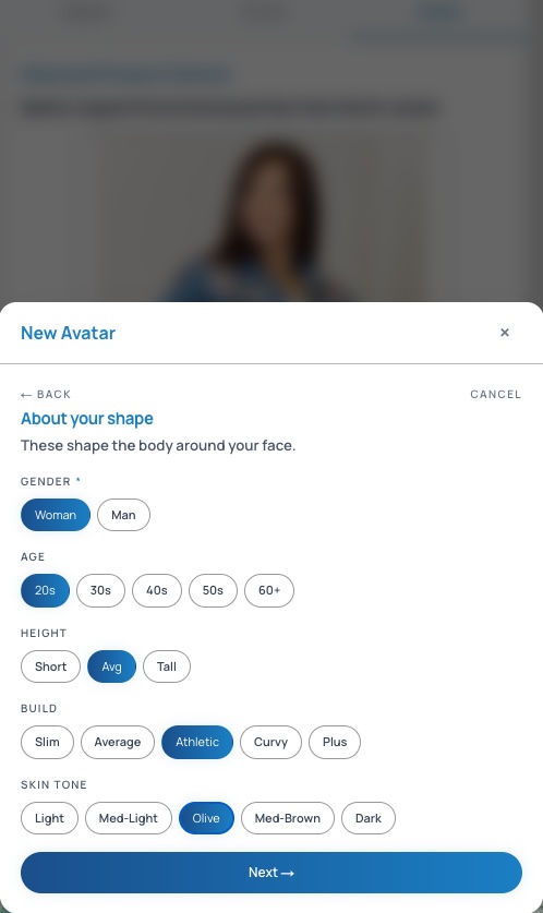 Avatar setup showing selectable age, height, build and skin tone attributes