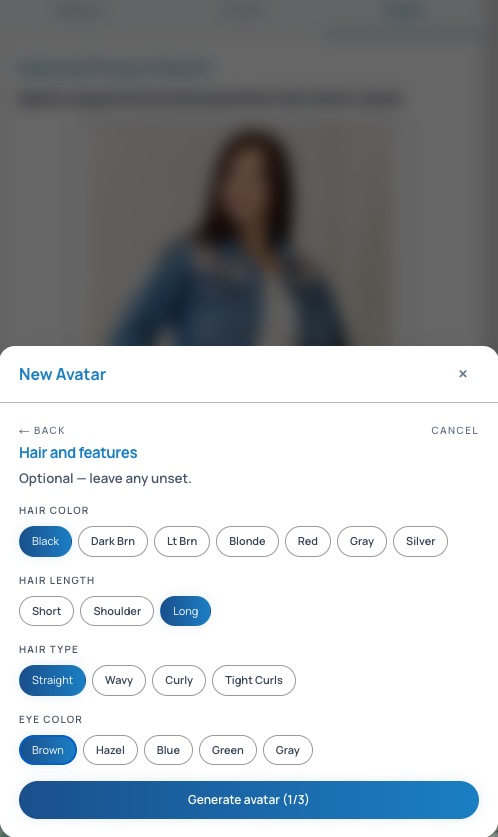 Avatar setup showing optional hair color, hair length, hair type and eye color choices