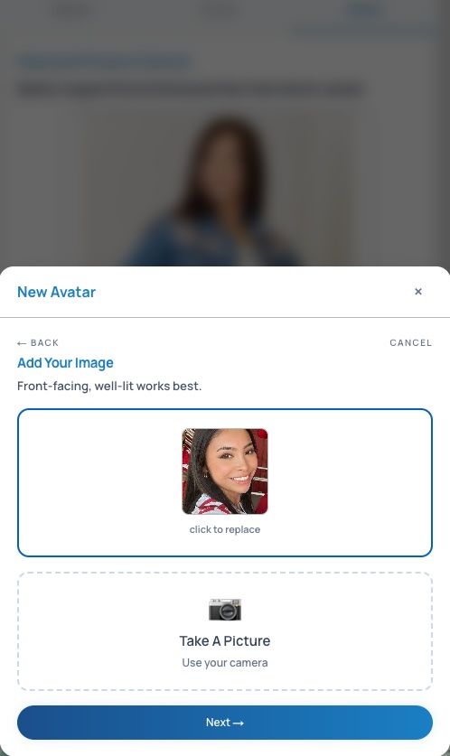 Personal avatar setup with an uploaded portrait and the option to take a picture