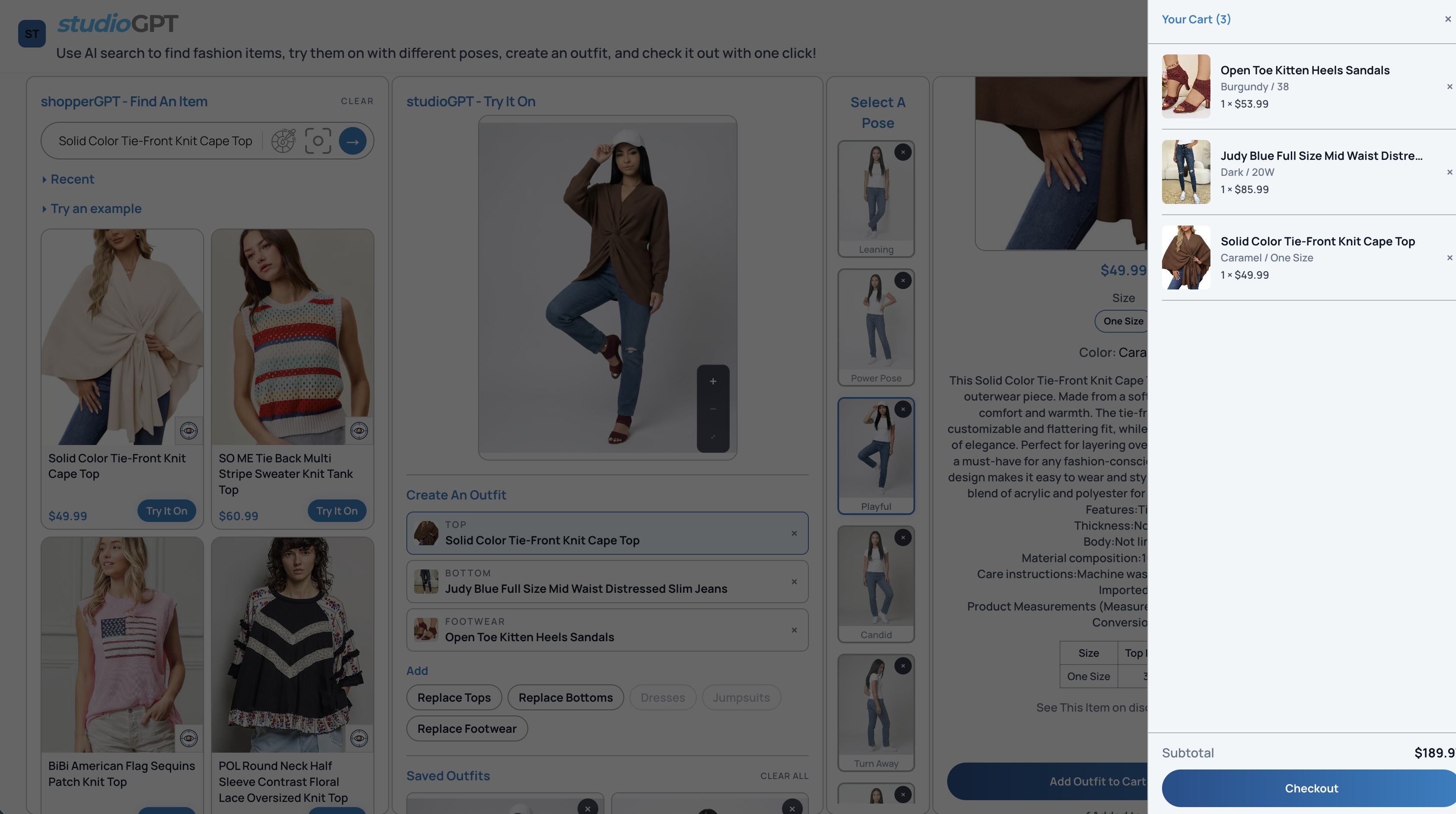 studioGPT outfit preview beside the store’s cart drawer containing the selected cape top, jeans and heels with a checkout button