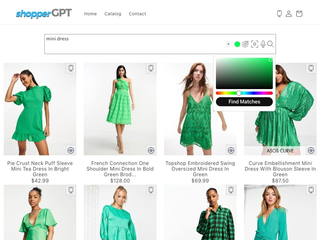 Mini dress results with the green precise color selector open