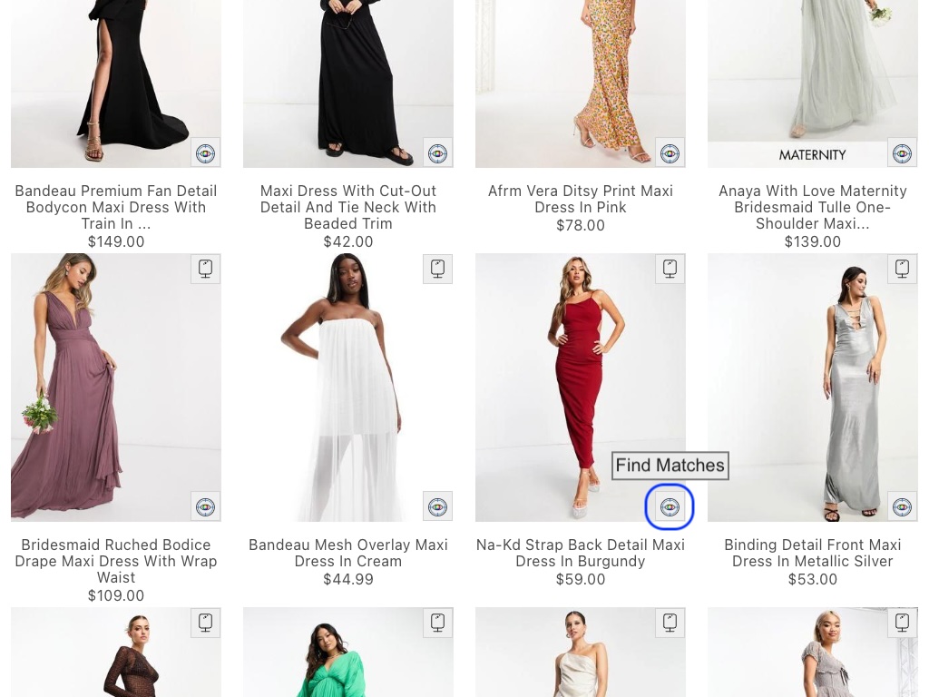Eye icon highlighted on a burgundy dress with the Find Matches prompt