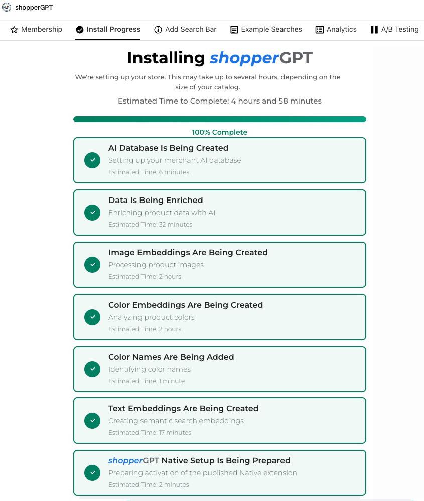 Shopify admin showing shopperGPT catalog preparation and installation progress