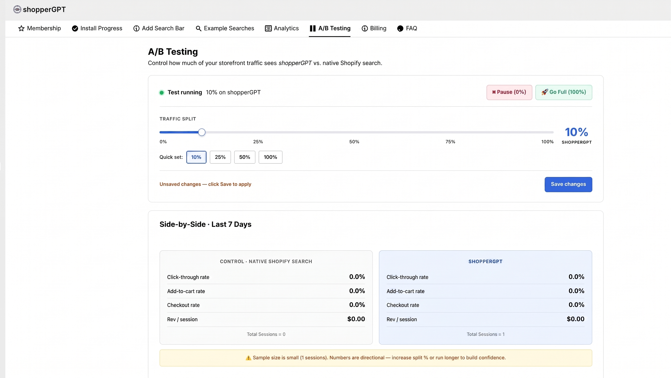 shopperGPT A/B Testing dashboard: traffic split slider, one-click pause and go-full controls, and a side-by-side comparison of shopperGPT vs. native Shopify search