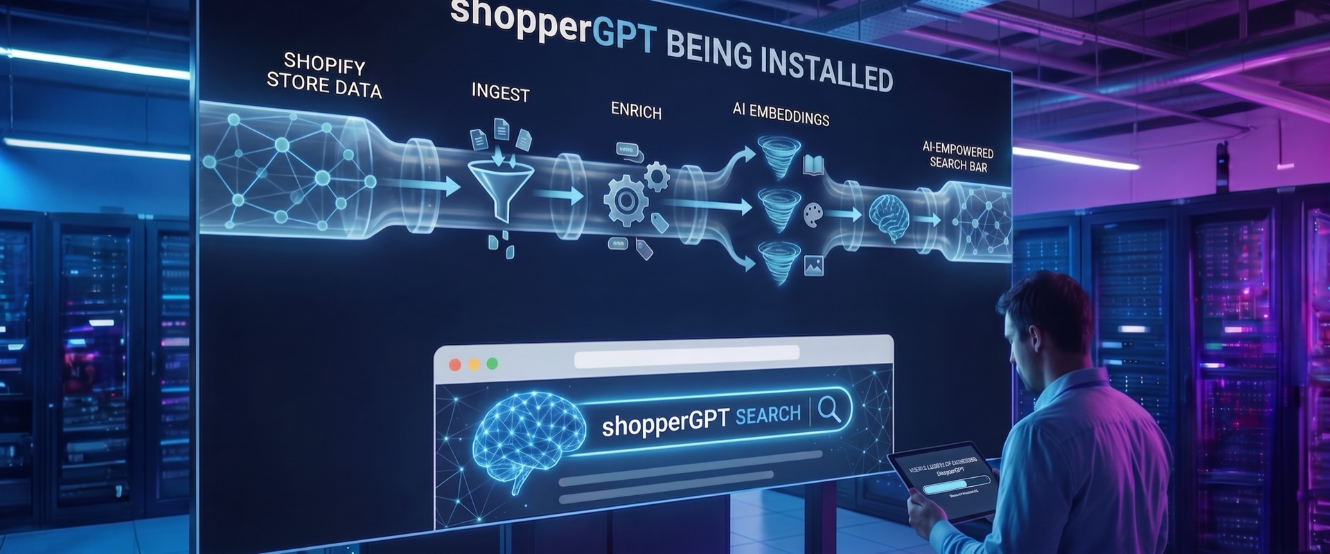 shopperGPT installation pipeline: Ingest, Enrich, AI Embeddings, and Search Replacement